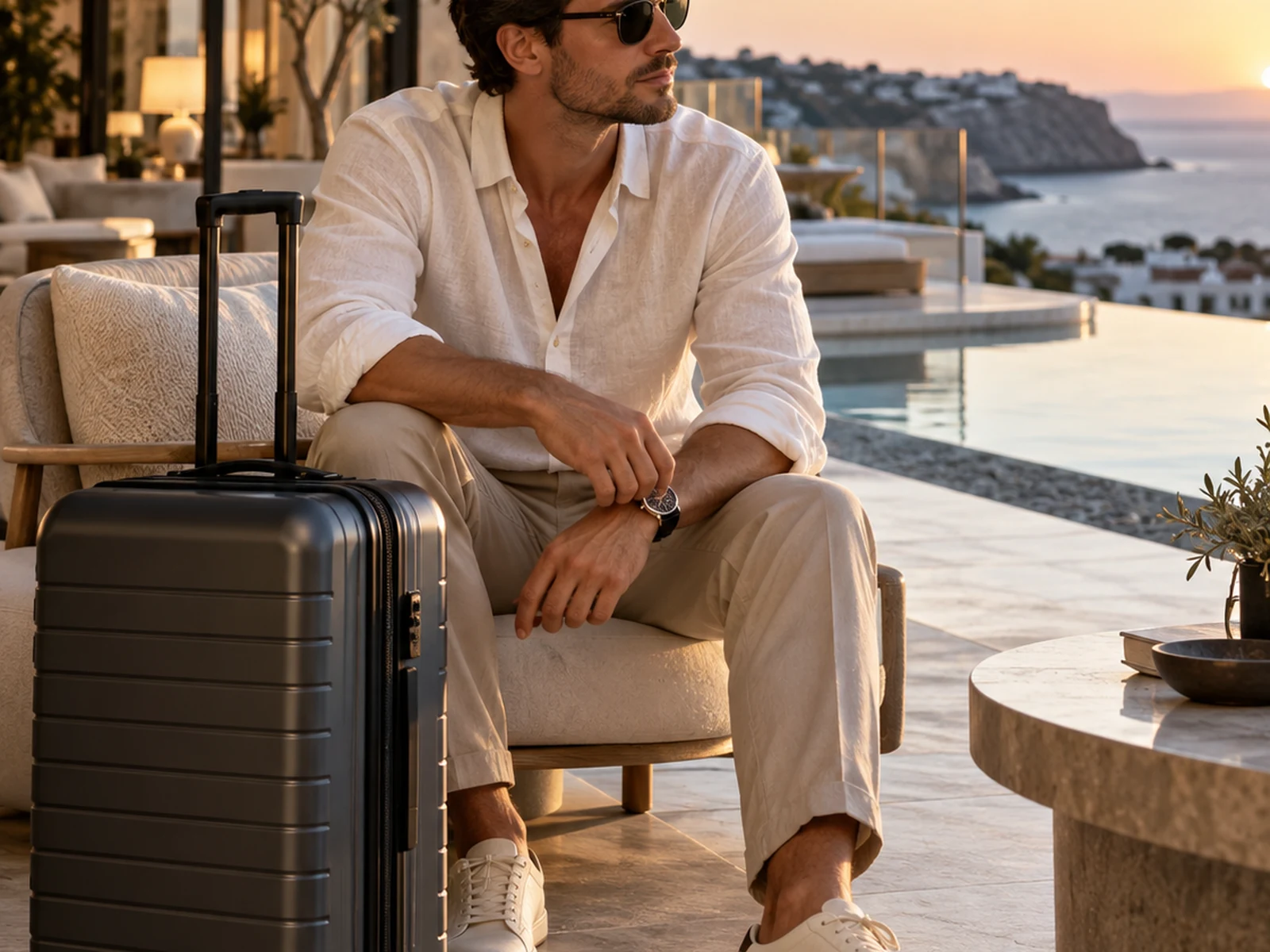 Luxury Sunset Escape AI travel advertising visual featuring a luxury traveler at sunset, created for a self-initiated concept in 2026