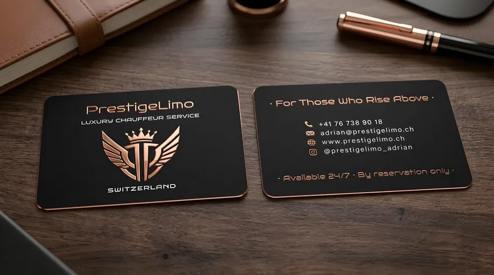 PrestigeLimo · Business Card Concept — hybrid 50% non-AI and 50% AI-generated portfolio cover by Nenad De Luxe