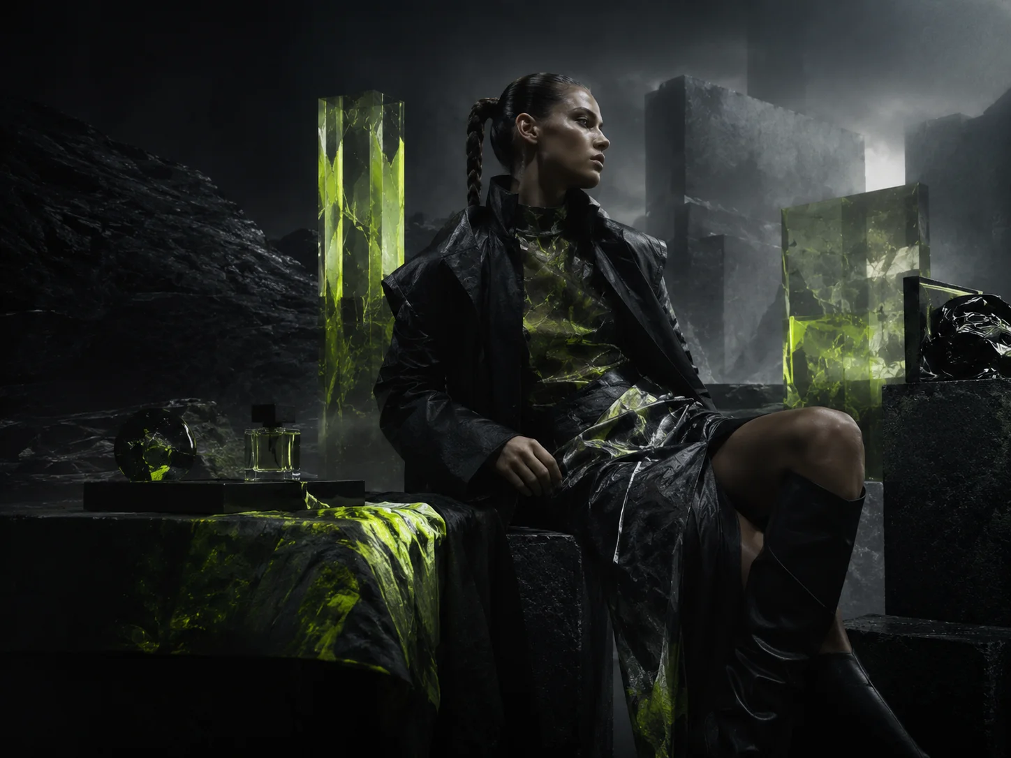 AI-generated futuristic fashion editorial with dark sculptural styling and translucent neon lime crystal forms