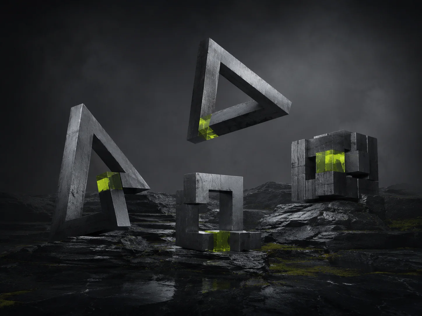 AI-generated impossible concrete geometry with neon lime translucent details in a dark foggy landscape