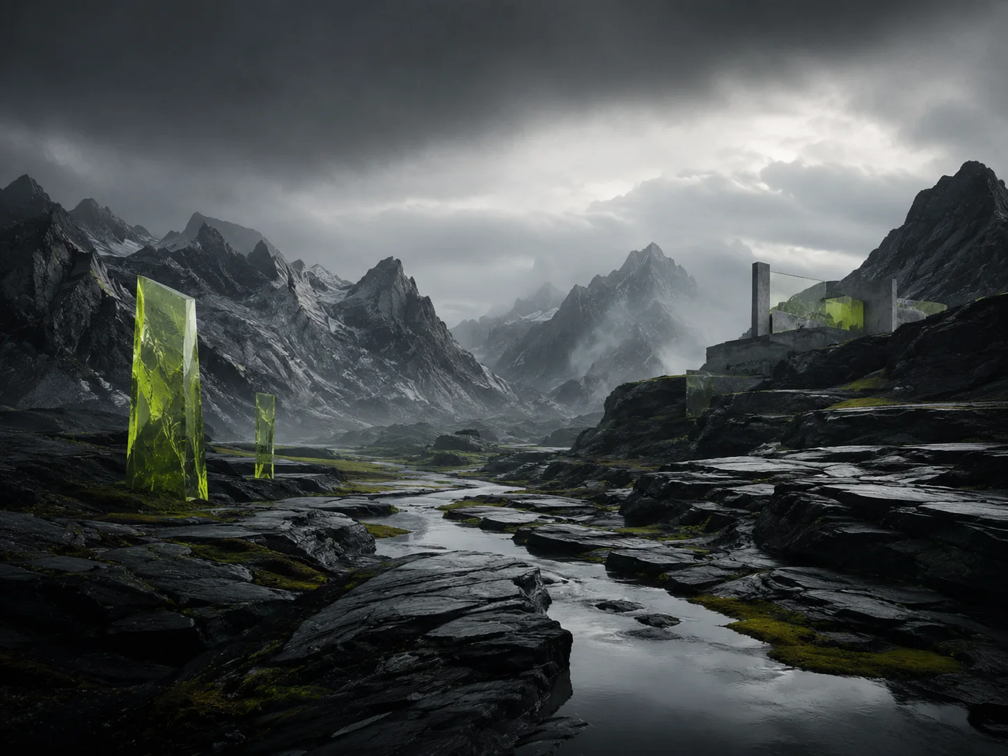 AI-generated synthetic landscape with translucent lime monoliths in a dark stormy mountain valley