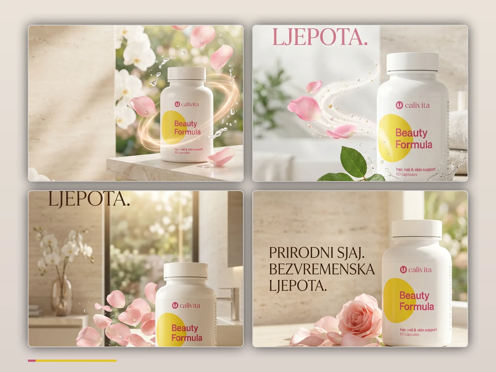 CaliVita Beauty Formula AI product mockup portfolio cover with four luxury beauty product compositions, generated with Nano Banana 2 in 2026